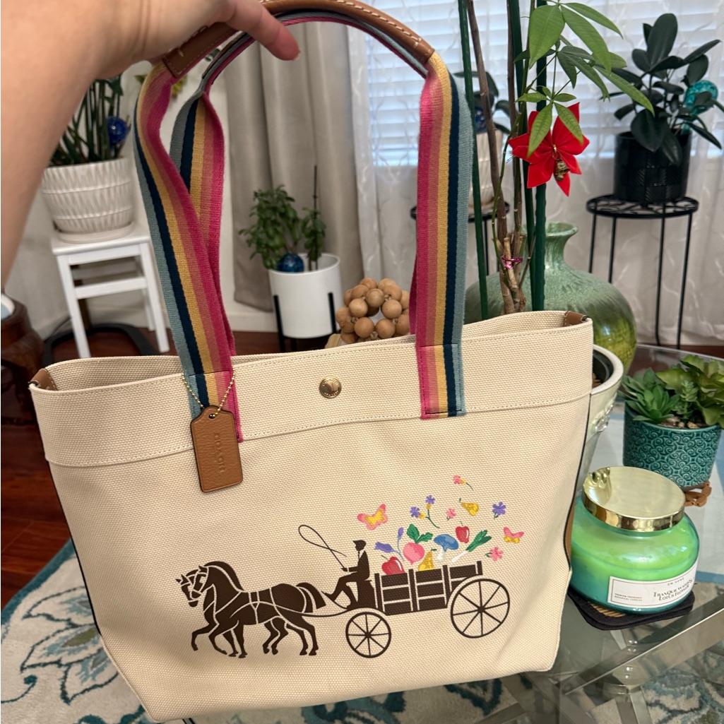 Coach Beige Tote With Colorful Straps